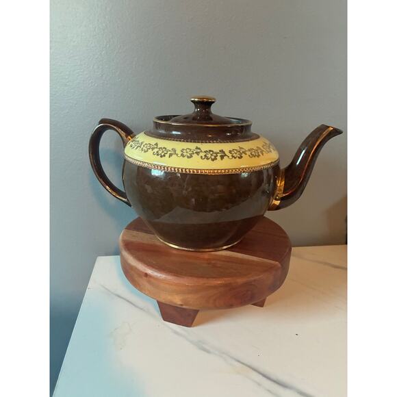 Vintage S.E.&R. Staffordshire England Brown Glazed Floral Teapot Gold Trim - Picture 5 of 10